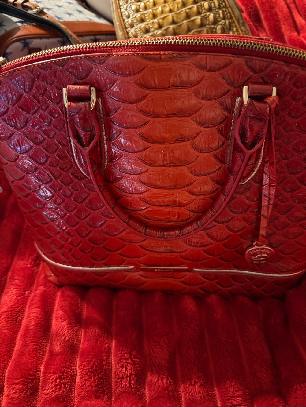 Brahmin Red Embossed Leather Satchel with Gold Hardware - Picture 2 of 4